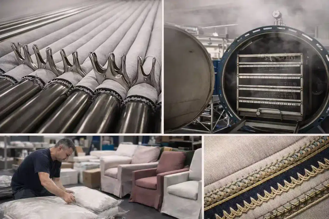 Montage of textile production, Roman blind components and decorative trims