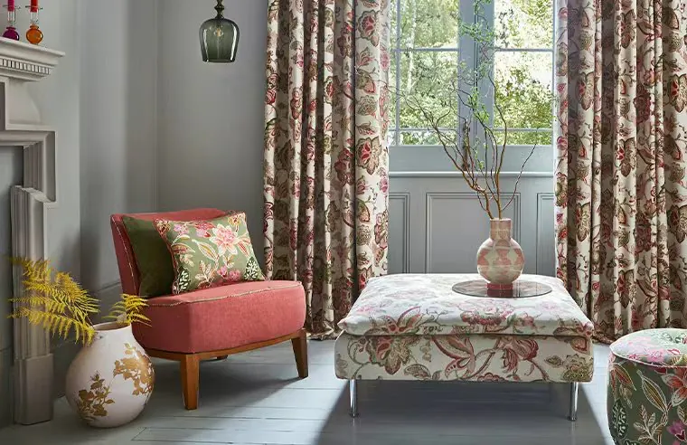 coordinated printed curtain and armchair