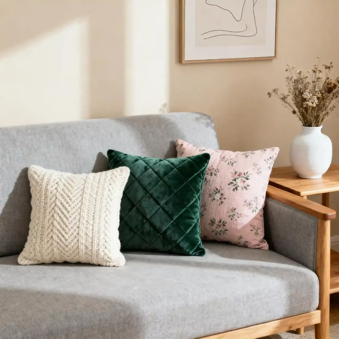cushion grouping in different fabrics and sizes