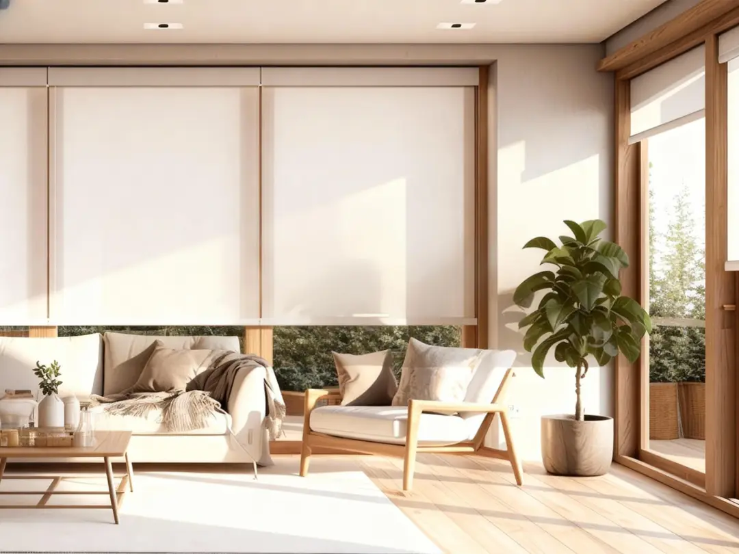 Living room with roller blinds on wide windows
