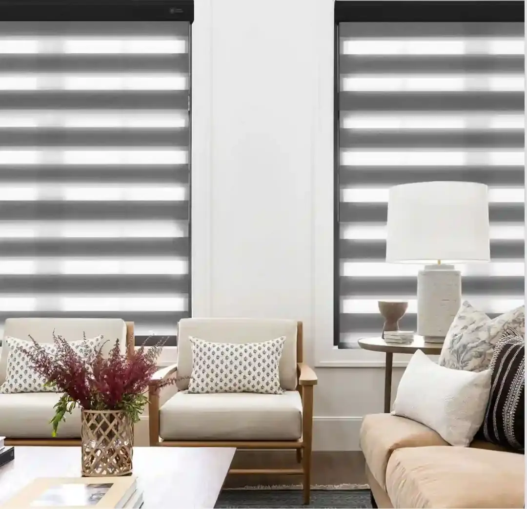 Sheer shades with alternating sheer and opaque bands in a living room