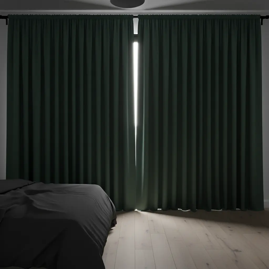 Dark full-height curtains drawn across a bedroom window