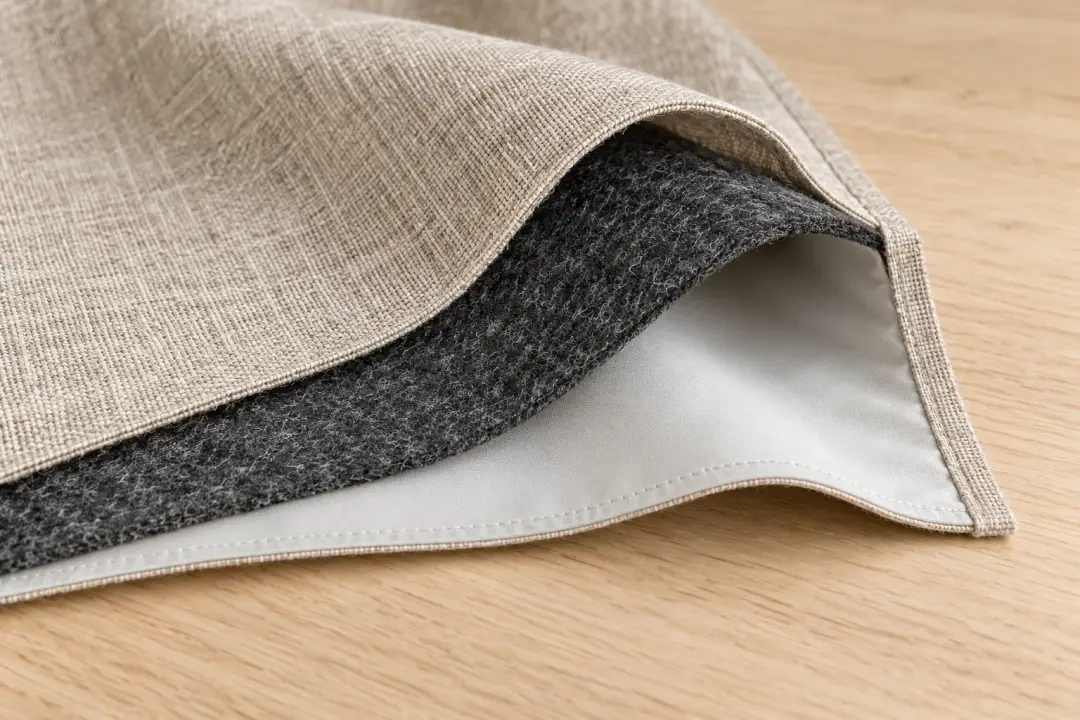 Acoustic curtain sample showing face fabric, interlining and lining layers