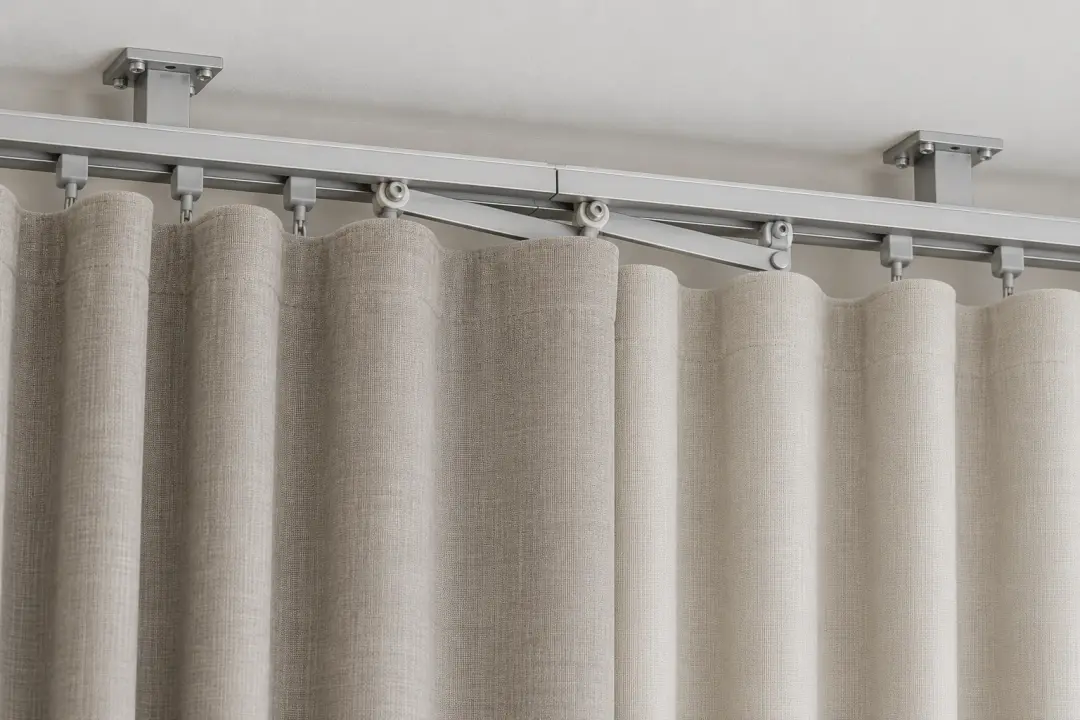 Heavy-duty ceiling track where two curtains overlap at the centre