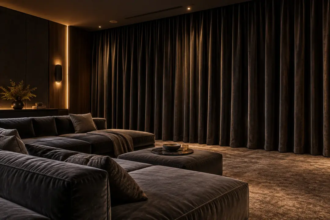 Home theatre with full-wall charcoal curtains