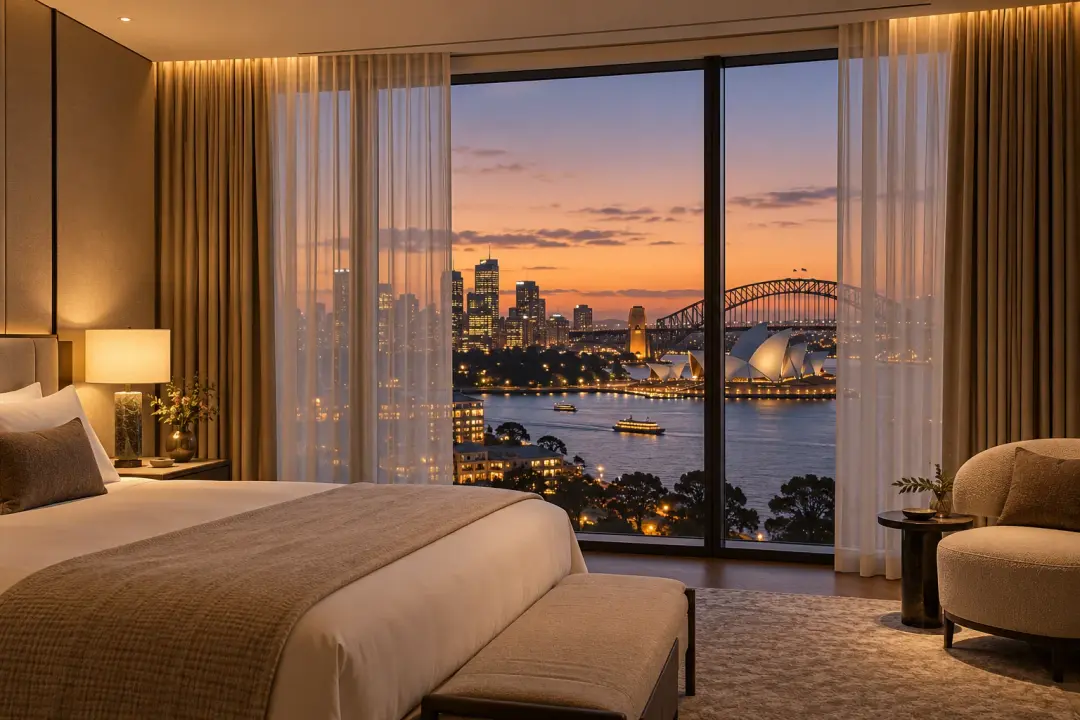 Hotel room with a sheer and a heavy lined curtain on a recessed double track