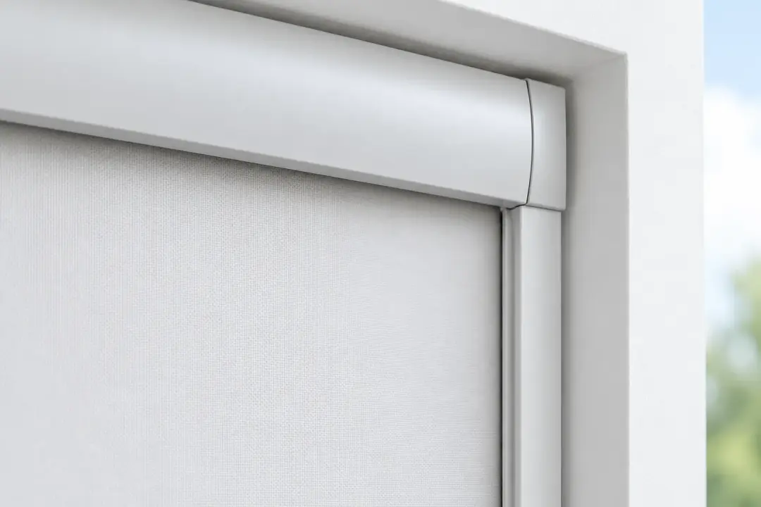 Close-up of a roller blind cassette meeting an aluminium side channel