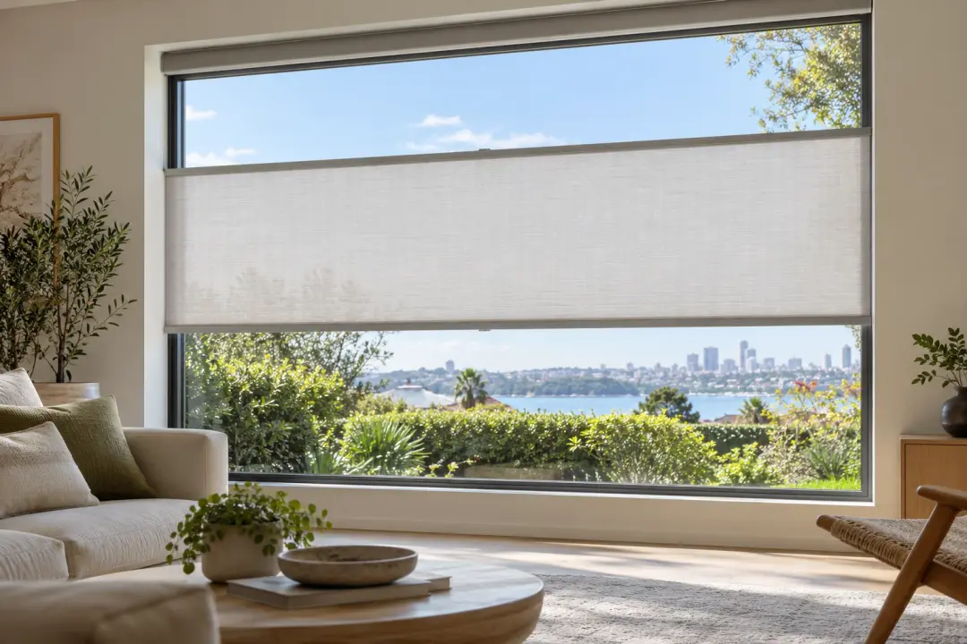 Electric roller blind positioned mid-window with sky above and garden below