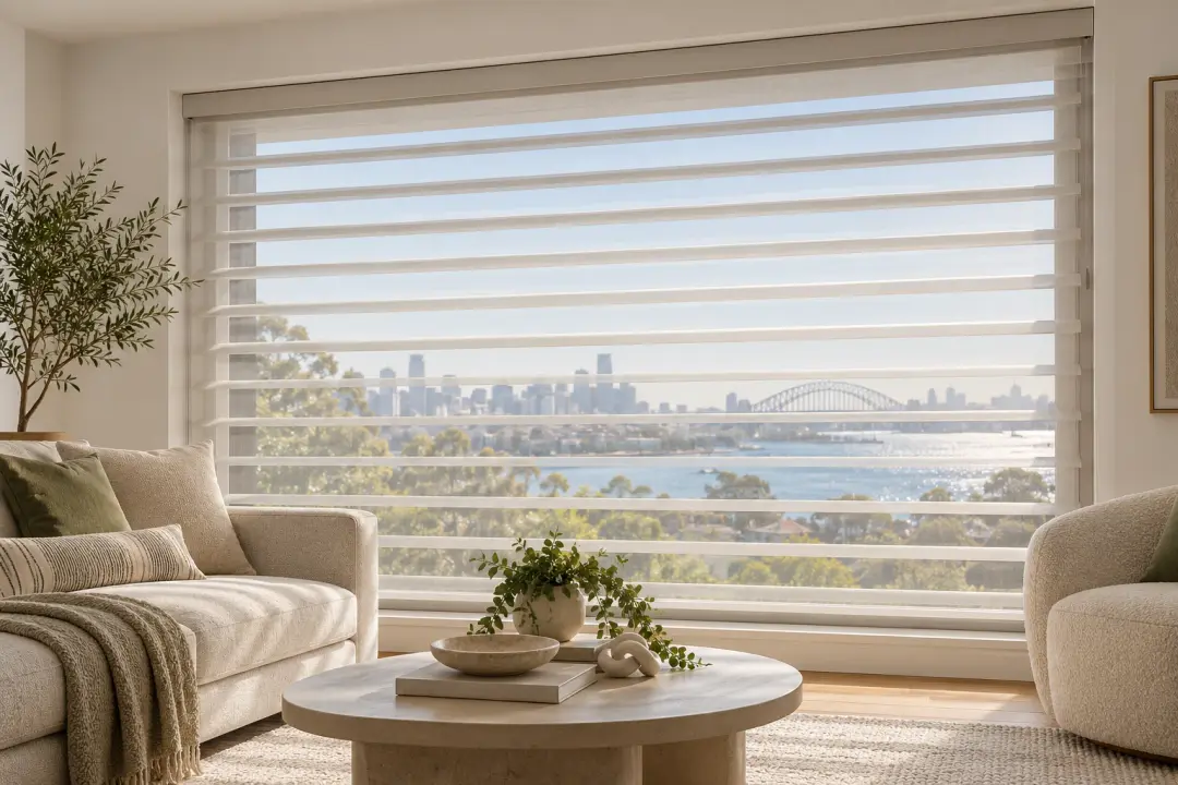 Soft-vane sheer shade with fabric vanes tilted half open