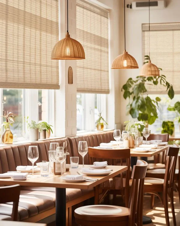 Woven bamboo shades along restaurant windows