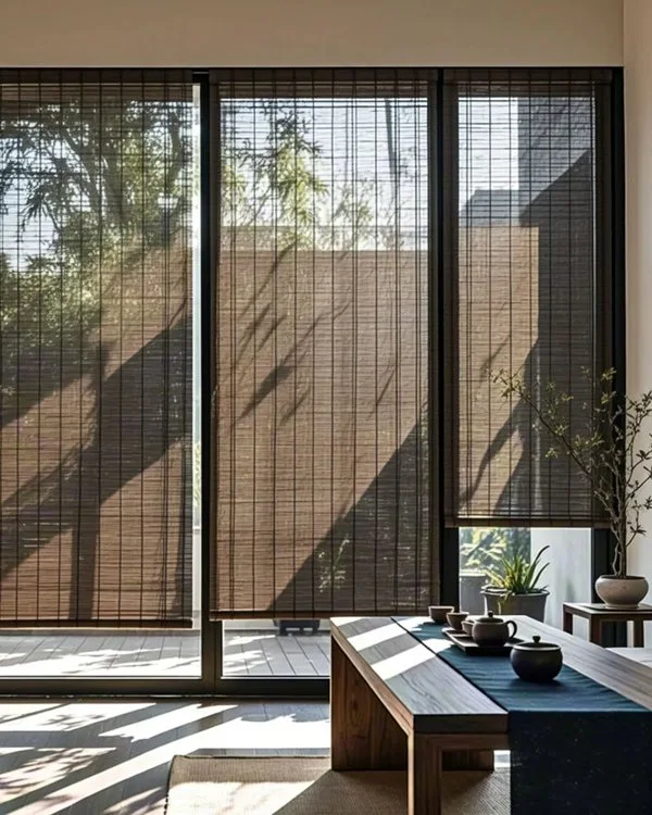 Dark bamboo shades filtering daylight in a living room
