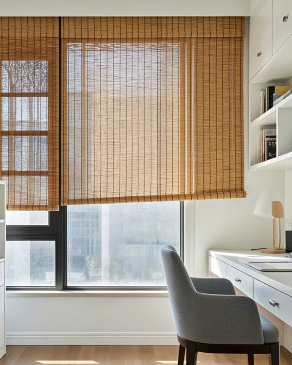 Natural bamboo shades in a light-filled home study