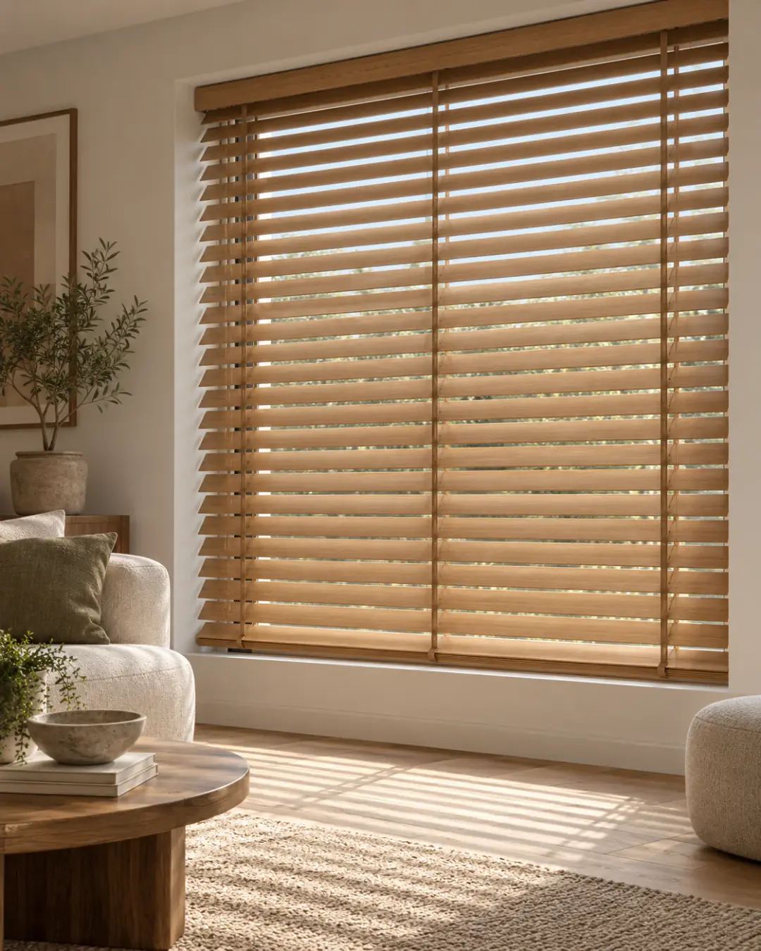 Timber venetian blinds with tilted slats in a living room
