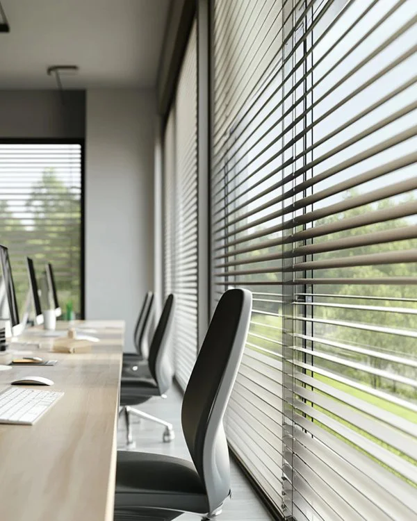 Venetian blinds tilted across full-height office glazing