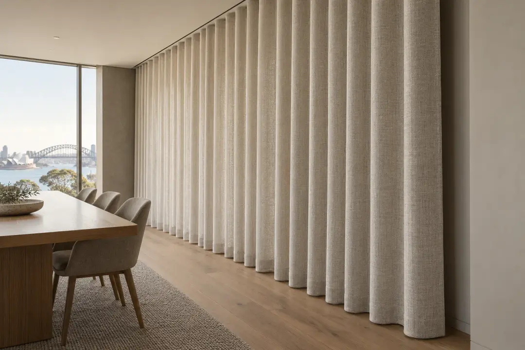 Full-height wave curtain on a recessed ceiling track with a gap to the wall