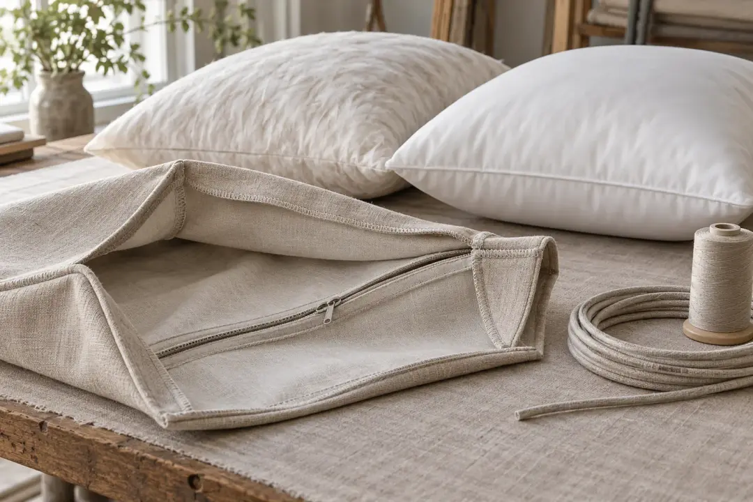 Linen cushion cover turned inside out beside feather and microfibre inserts