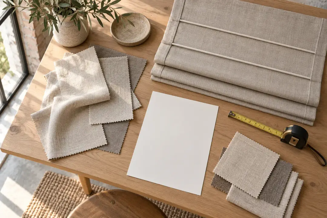 Linen swatches, a Roman blind sample and a tape measure on a studio table