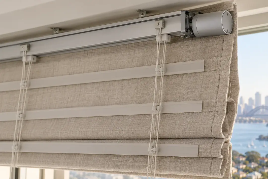 Back of a motorised Roman blind showing headrail, lift cords and battens