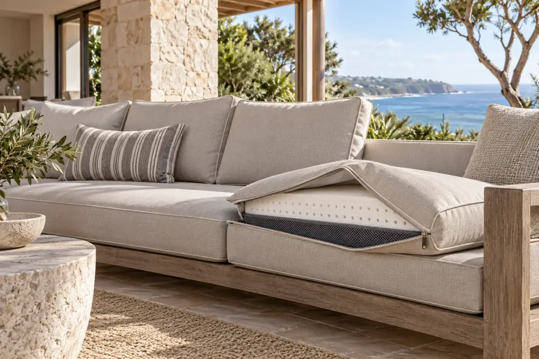 Outdoor sofa on a Sydney sandstone terrace with one cushion unzipped to show its insert