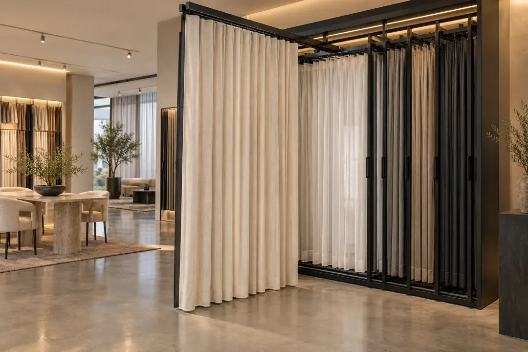 Pull-out curtain display rack with one linen panel drawn forward