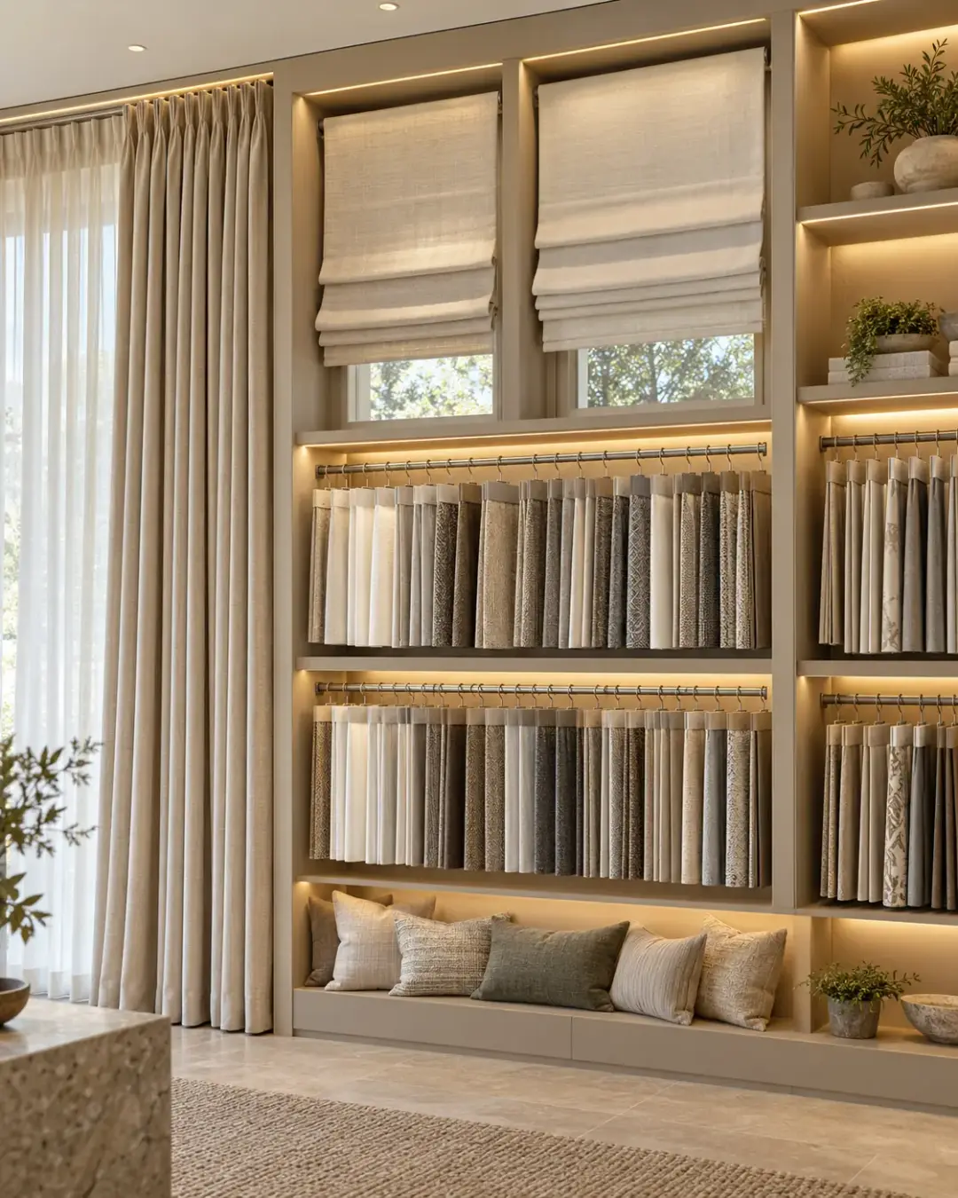 Curtain display rack wall with curtains, Roman blind samples, fabric hangers and cushions