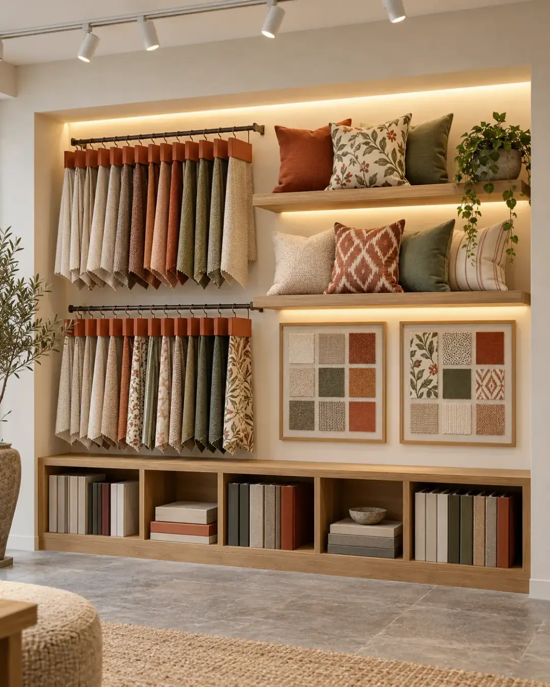 Lit wall niche with fabric sample hangers, cushions and swatch boards