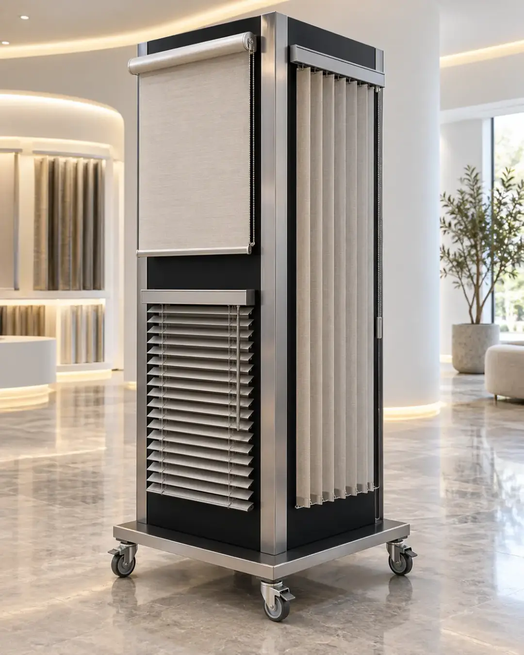 Rotating blind display stand on castors with working blind samples