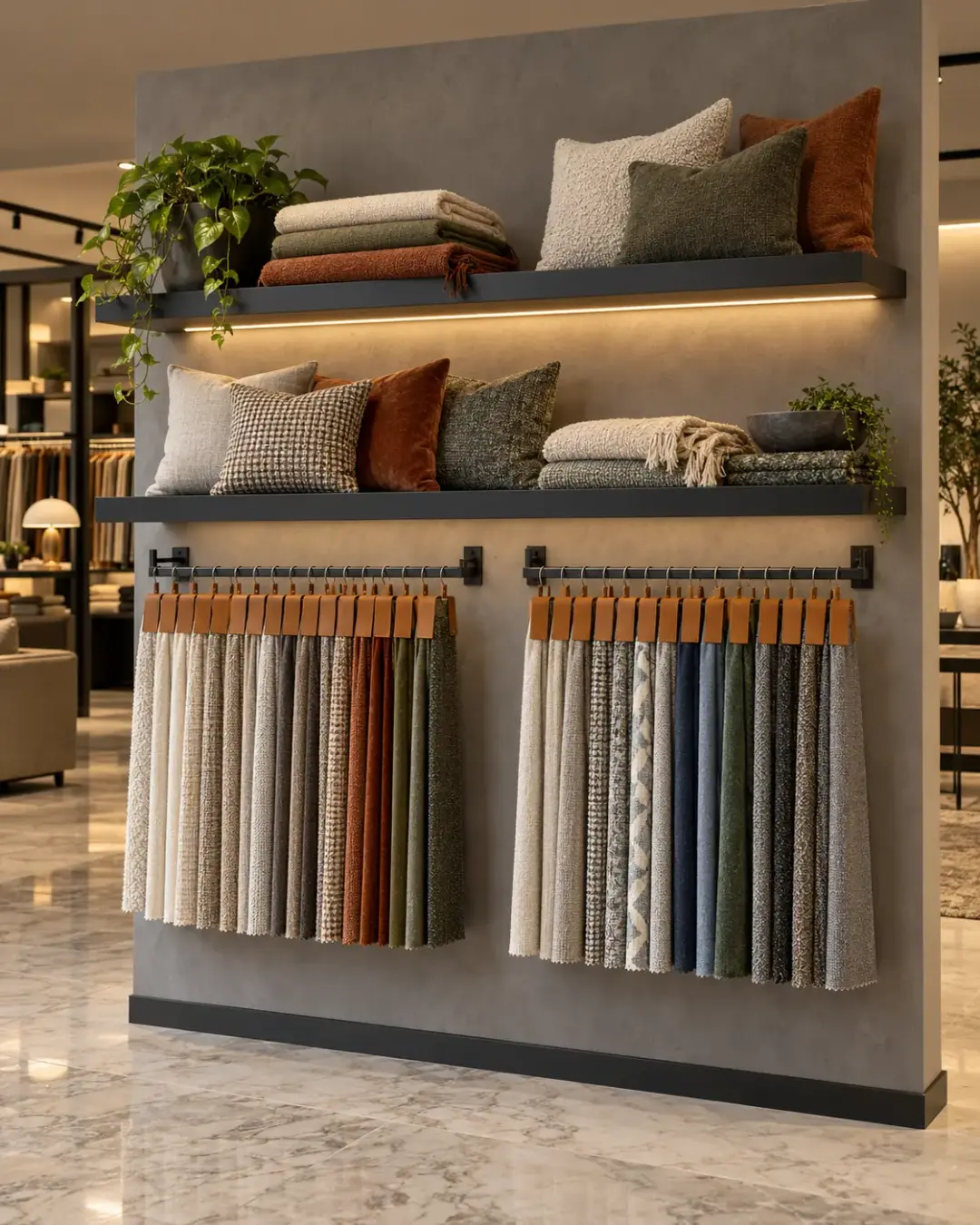 Fabric display rack wall with sample hangers, cushions and throws