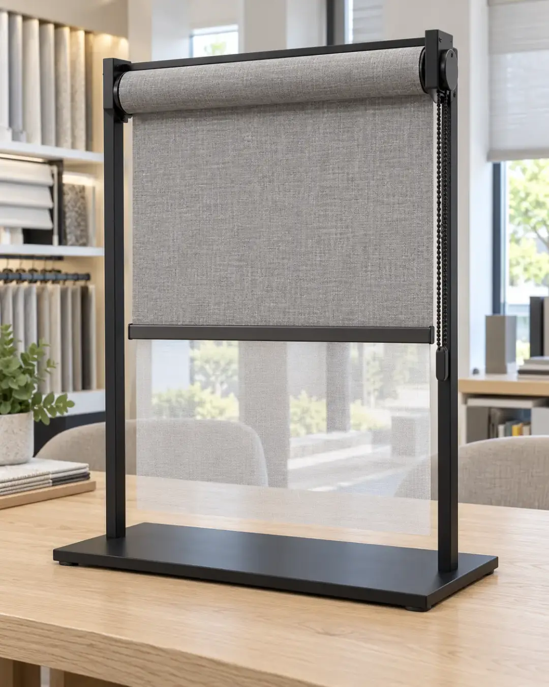 Tabletop roller blind display stand on a consultation desk