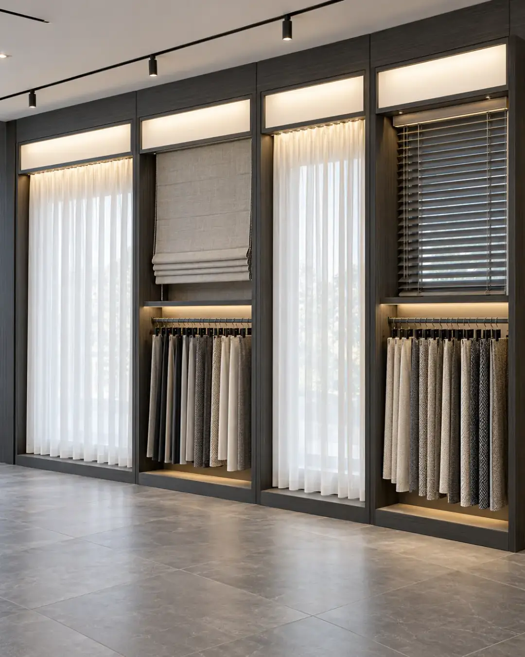 Curtain display rack wall with sheer curtains, a Roman blind and fabric hangers