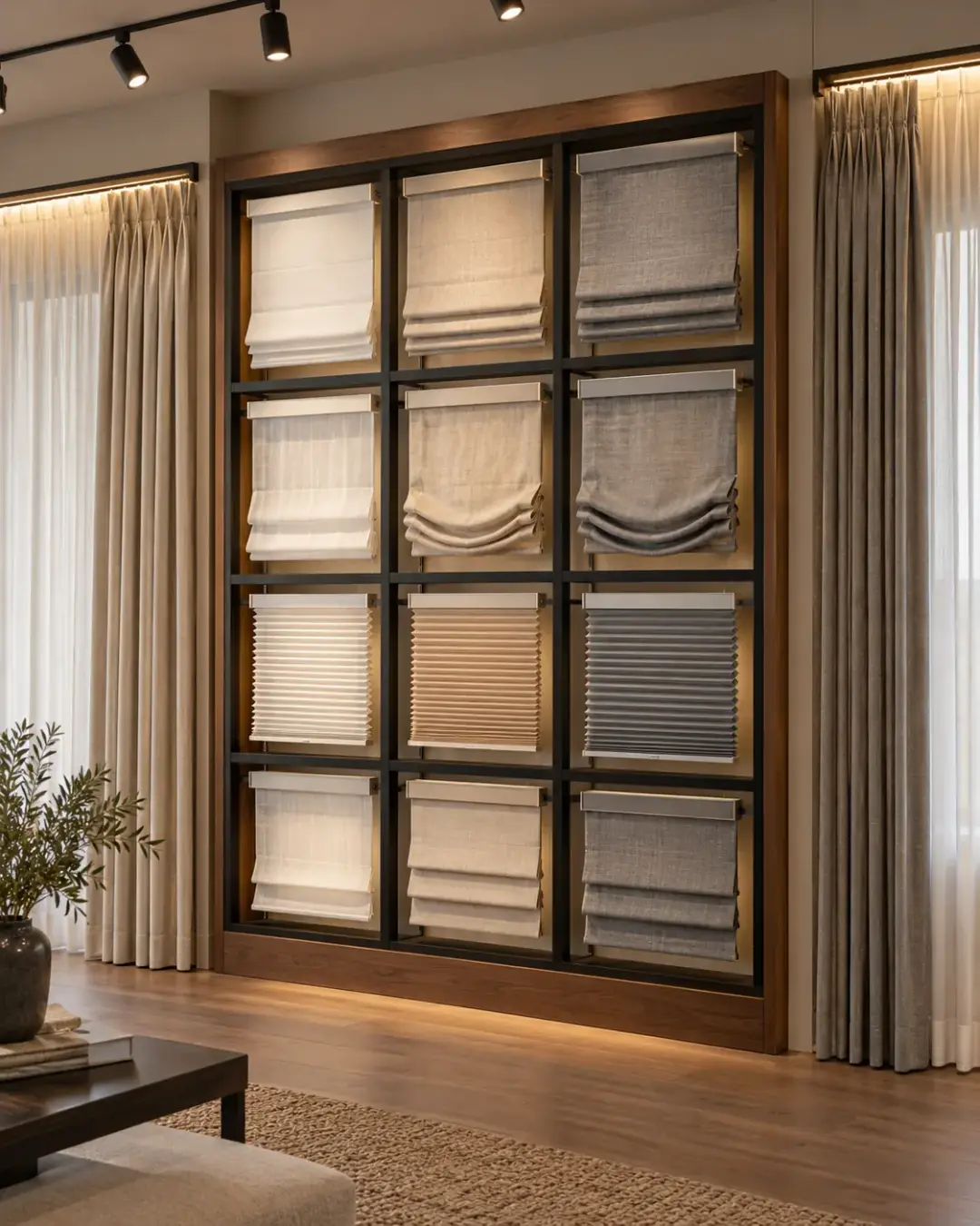 Blind display frame with working Roman and honeycomb blind samples