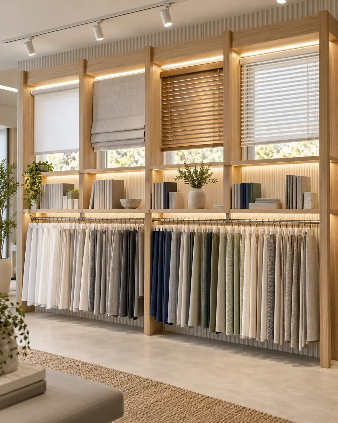 Timber fabric display rack with fabric hangers and blind samples above