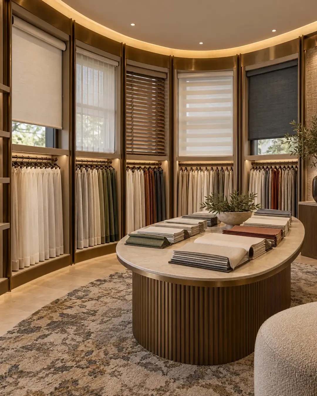 Curved showroom with framed blind samples, curtain hangers and a swatch table