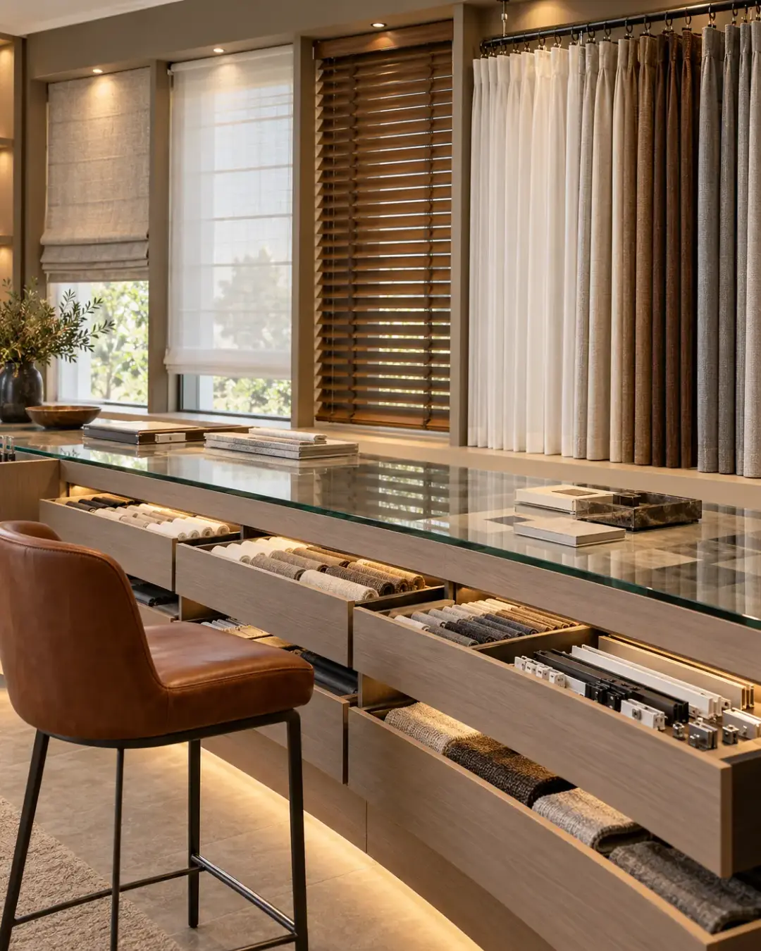 Showroom display wall with Roman blinds, venetian blinds, curtain samples and swatch counter