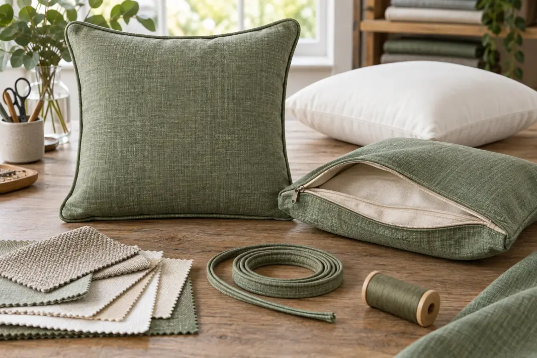 Grey linen cushion, unzipped cover with insert, piping cord and fabric swatches
