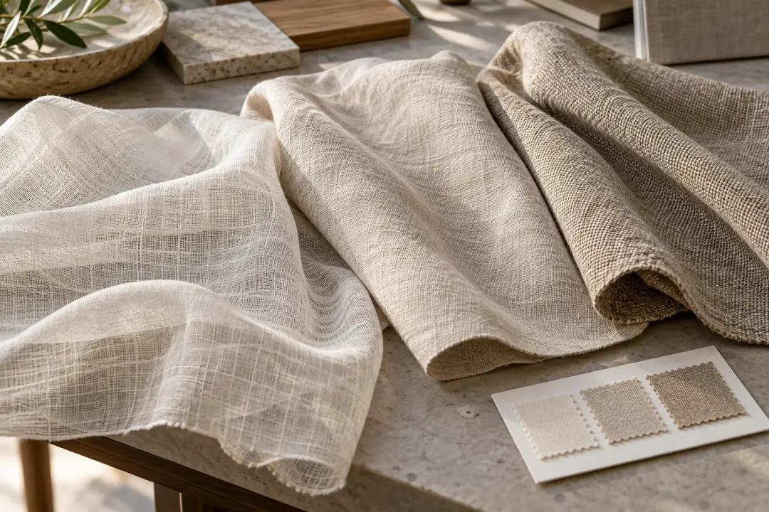 Sheer and heavier linen fabrics with sample cards on a stone table