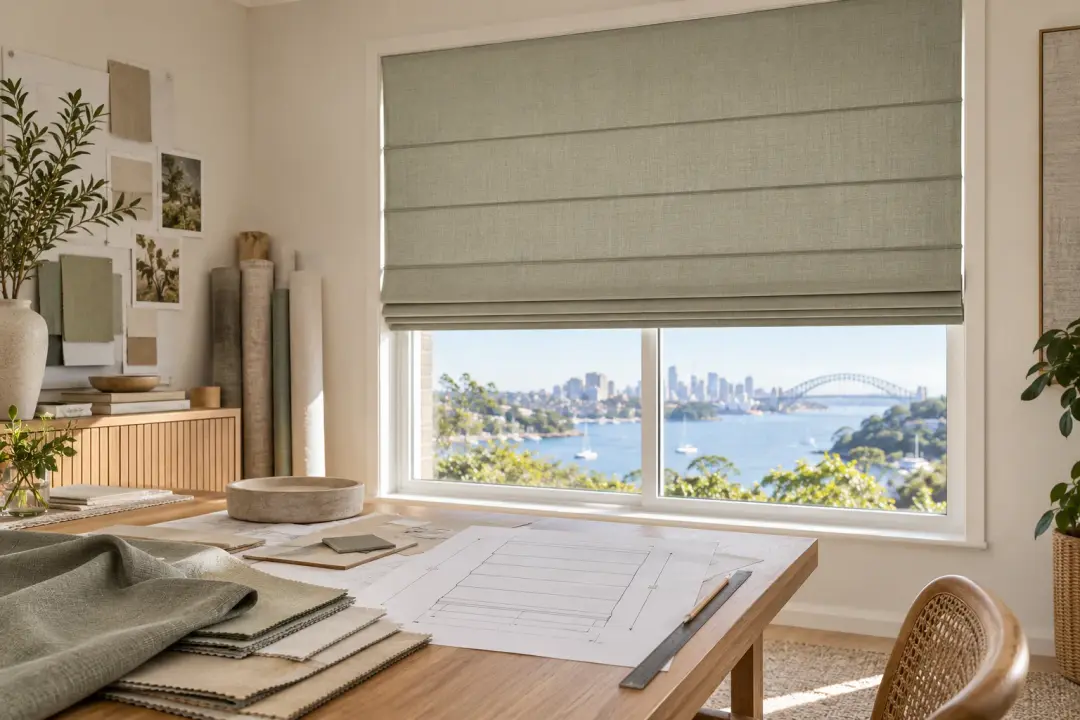 Flat Roman blind with even folds beside a fabric sample and specification drawing