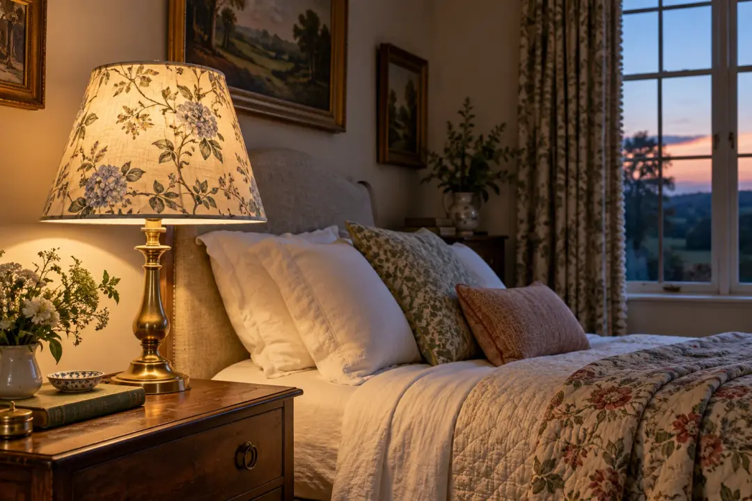 Printed cotton lampshade glowing on a brass lamp in an English country bedroom