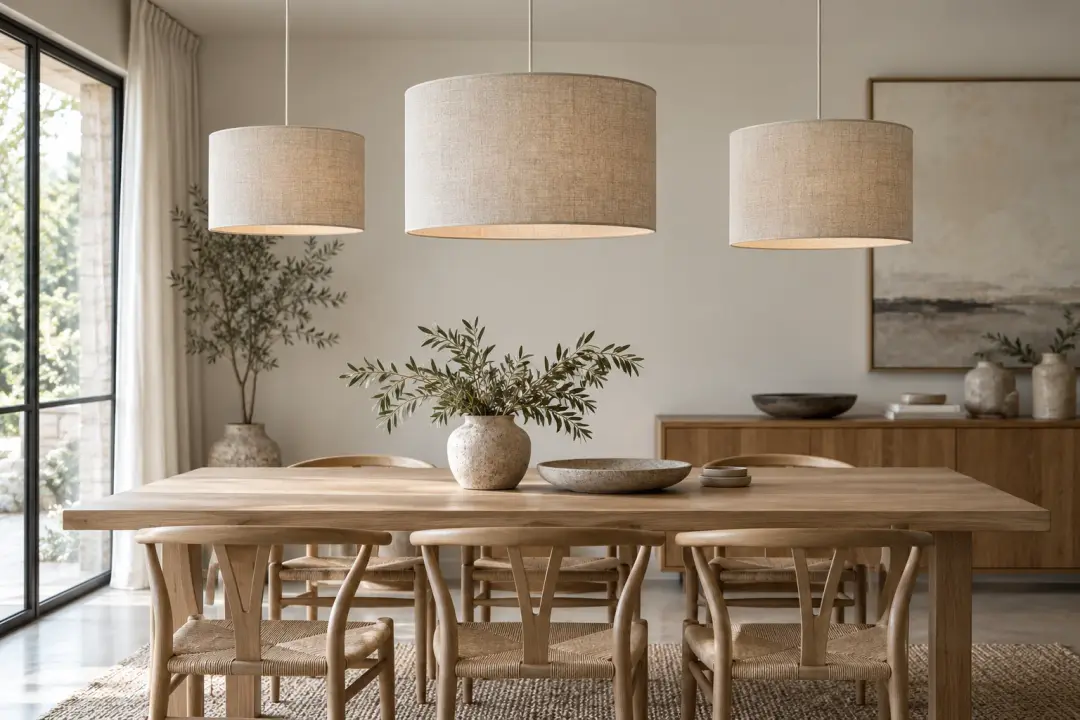 Three linen drum pendant shades in different sizes above a Scandinavian dining table