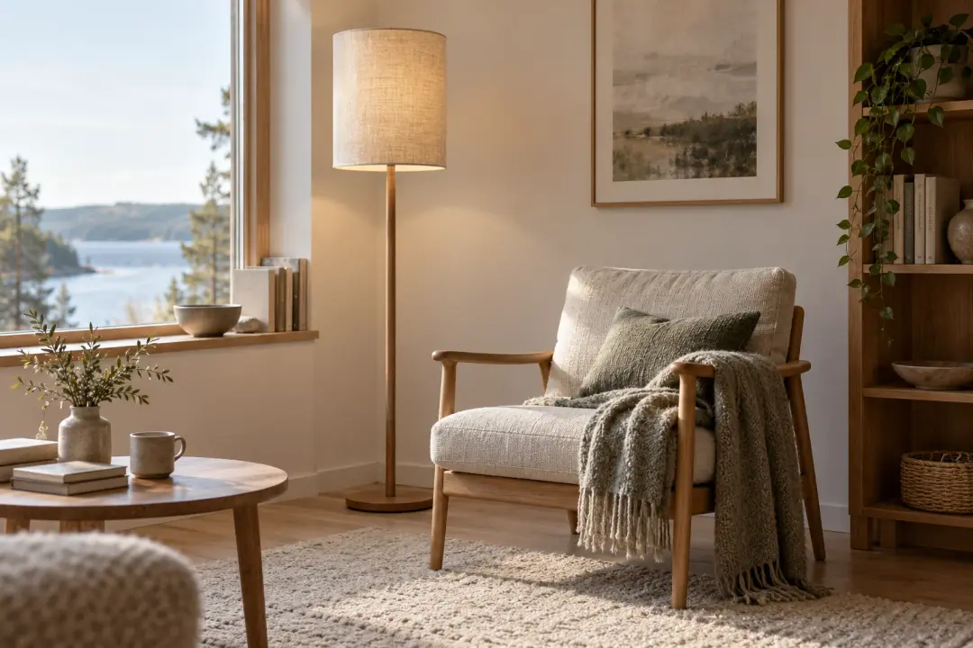 Slim linen cylinder shade on a floor lamp in a Nordic reading corner