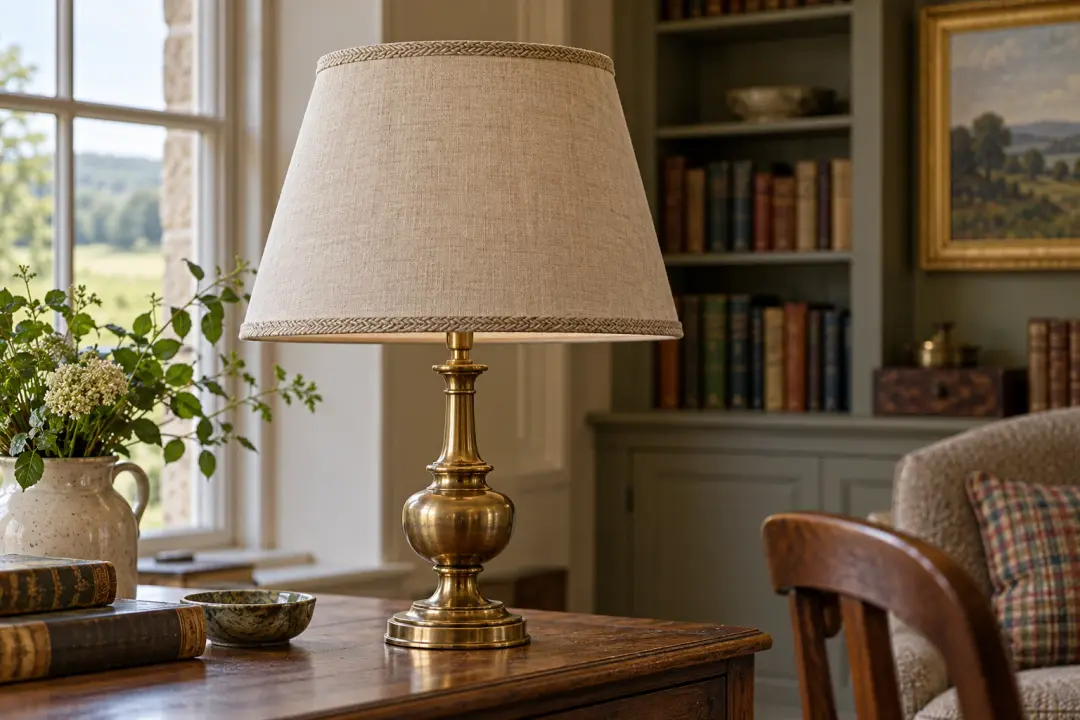 Tapered linen lampshade with braid trim on a brass lamp in a country study
