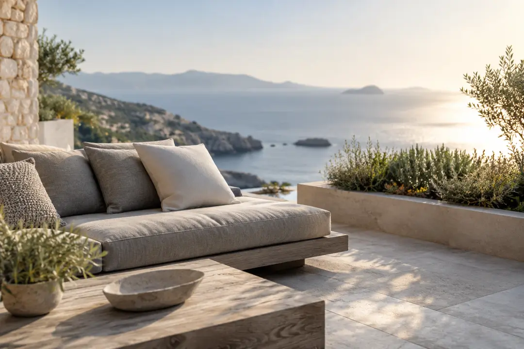 Natural grey outdoor sofa cushions on a coastal balcony