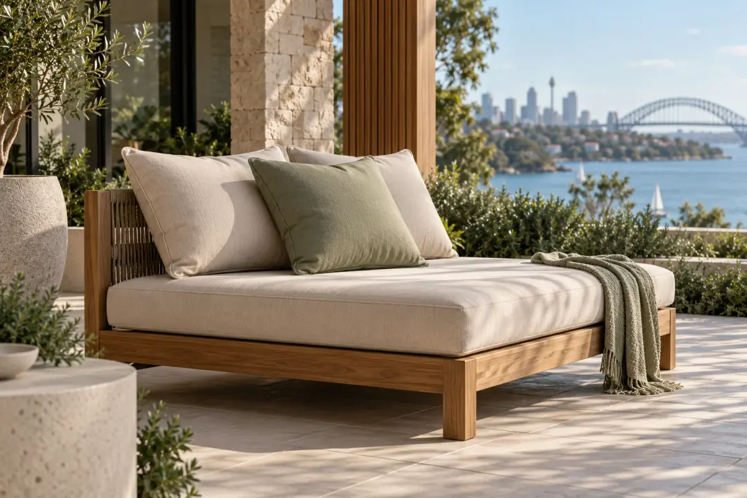 Warm sand and sage outdoor cushions on a timber daybed