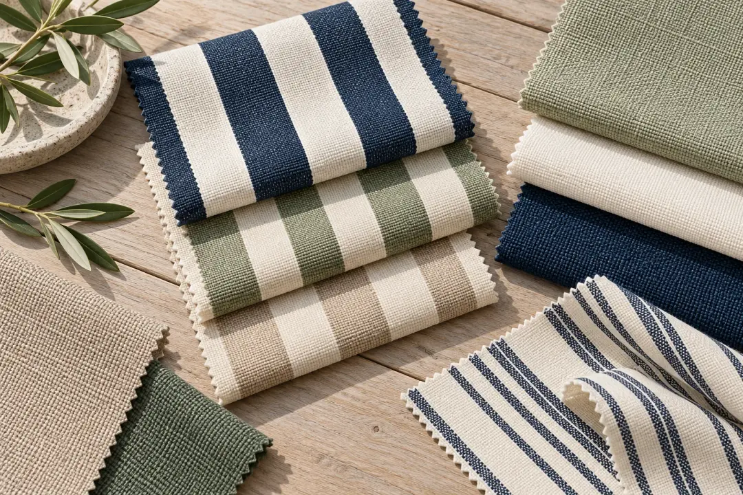 Outdoor fabric swatches in stripes and solid colours