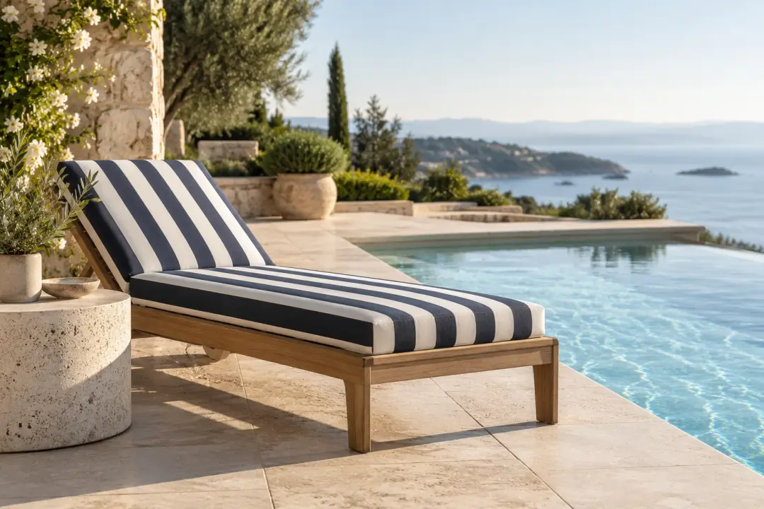 Navy and white striped fitted cushion on a poolside sun lounge