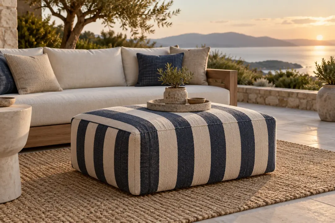 Navy and cream striped outdoor ottoman on a terrace