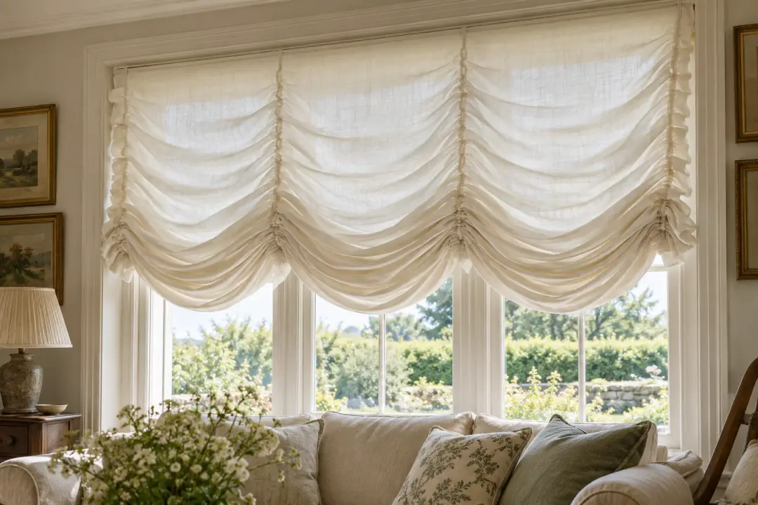 Ivory Austrian shade with vertical gathers and scalloped festoons