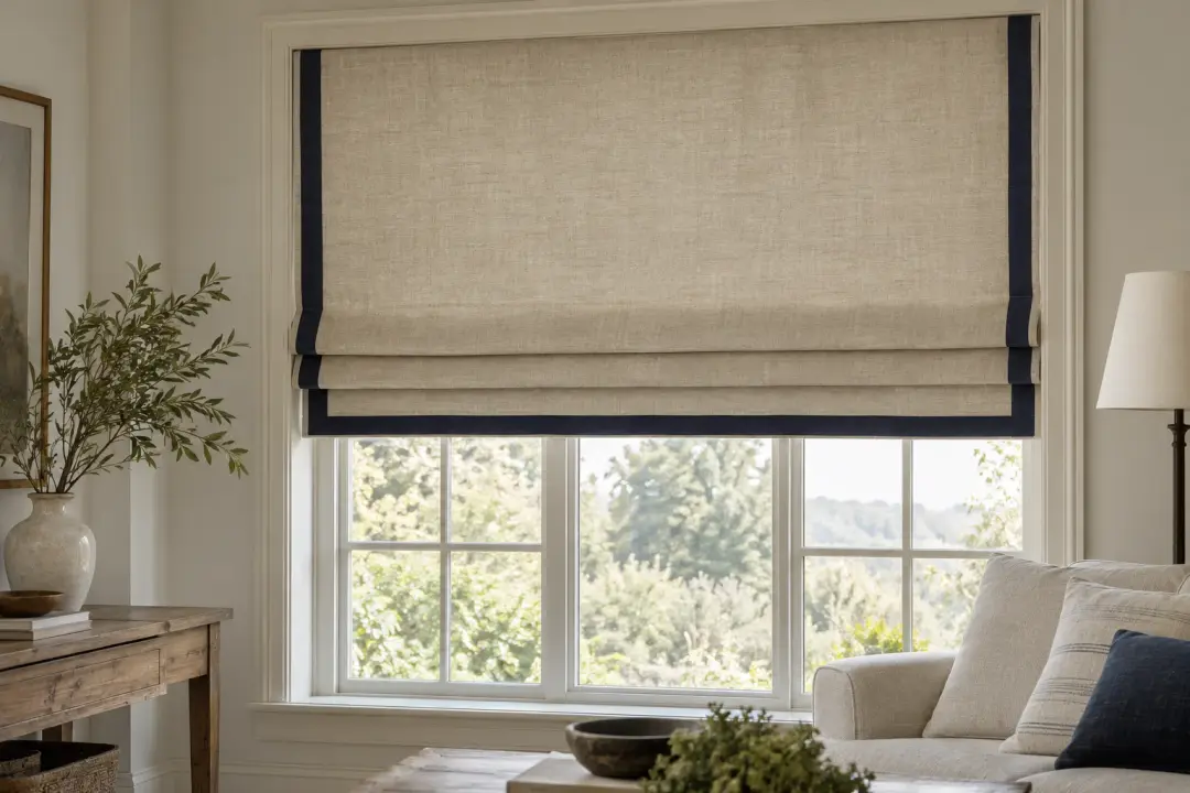 Natural linen flat Roman blind with navy inset side and bottom border