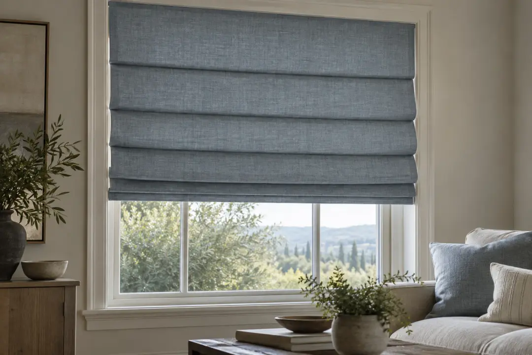 Blue-grey hobbled Roman shade with permanent overlapping horizontal loops