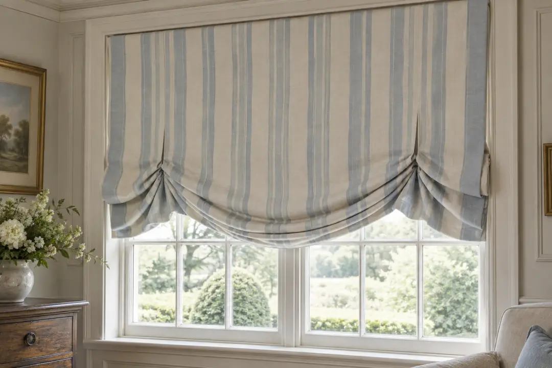 Striped London shade with pleated sides and soft central swag